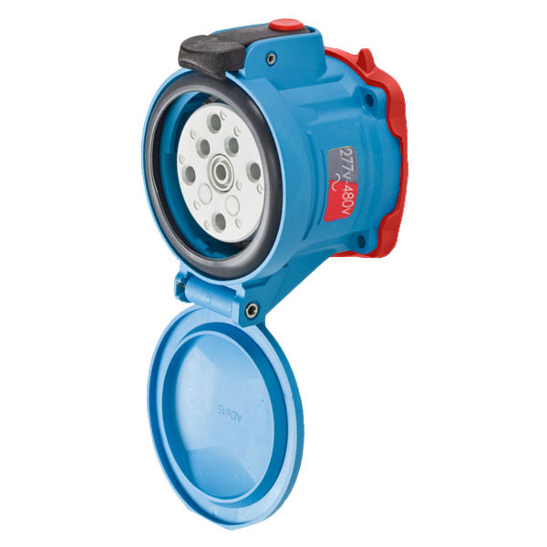 63-64047-972-375-843-NC - DSN60 RECEPTACLE POLY BLUE SIZE 3 TYPE 4X IP 69 3P+N+G 60A 277/480 VAC 60 Hz +2 AUX PADLOCKABLE MUSHROOM PAWL NORMALLY CLOSED LID